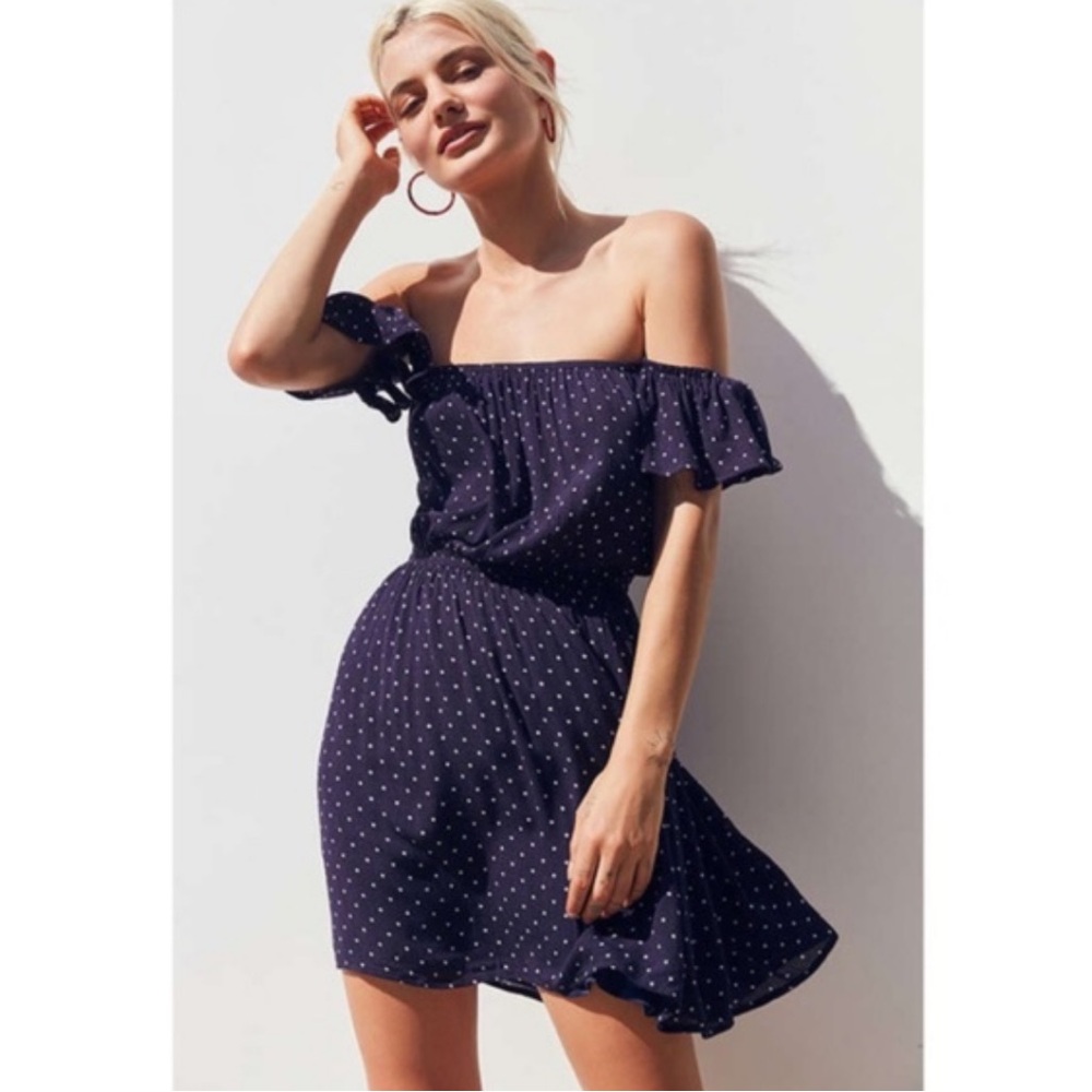 Urban Outfitters Kimchi Blue Navy Blue Polka Dot Off the Shoulder Dress